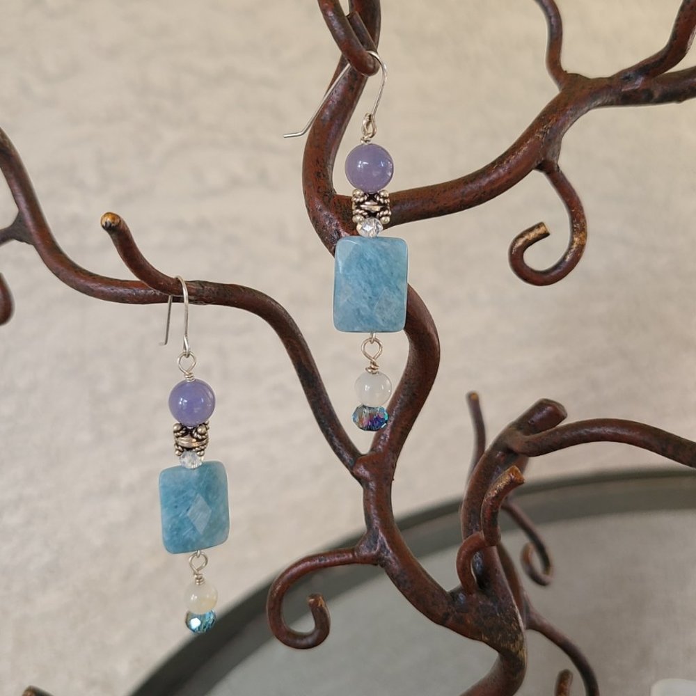 Aqua and taupe glass dangle earrings